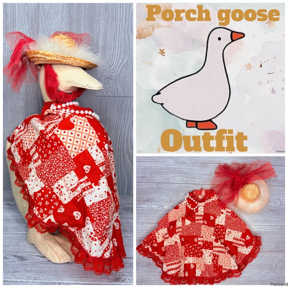 vintage hand made porch goose outfit / clothes costume valentines hat and dress